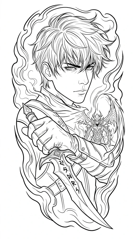 Black linework design: anime warrior with dagger and flames.