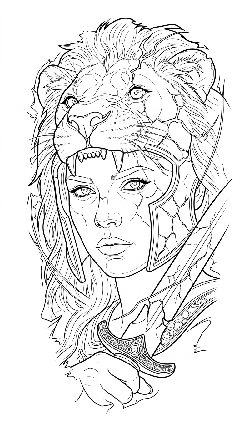 Black linework design: woman beneath a lion headdress.