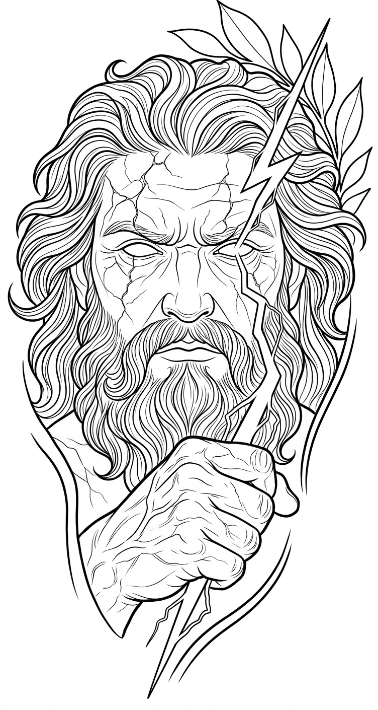 Black linework design: bearded god with lightning.