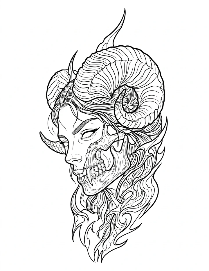 Black linework design: horned woman and half skull.