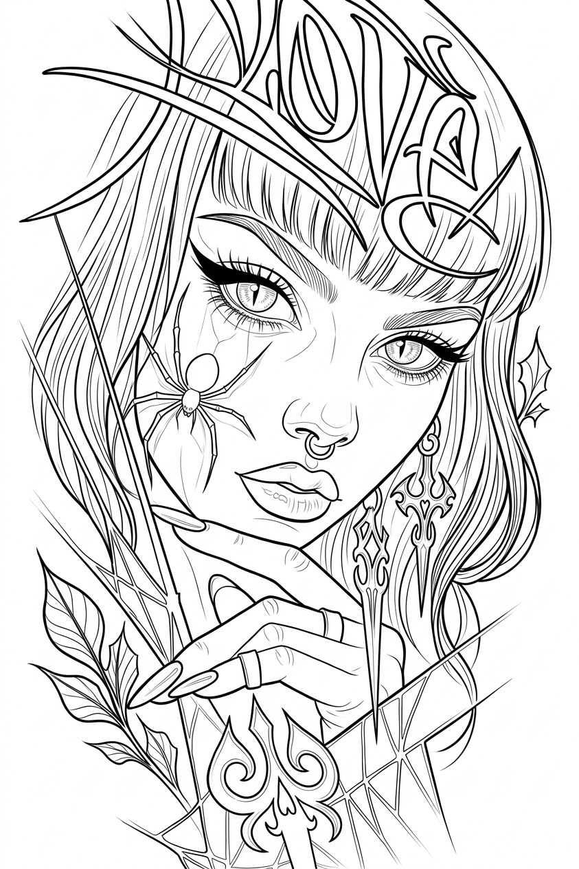 Black linework design: gothic portrait with cross ornament.
