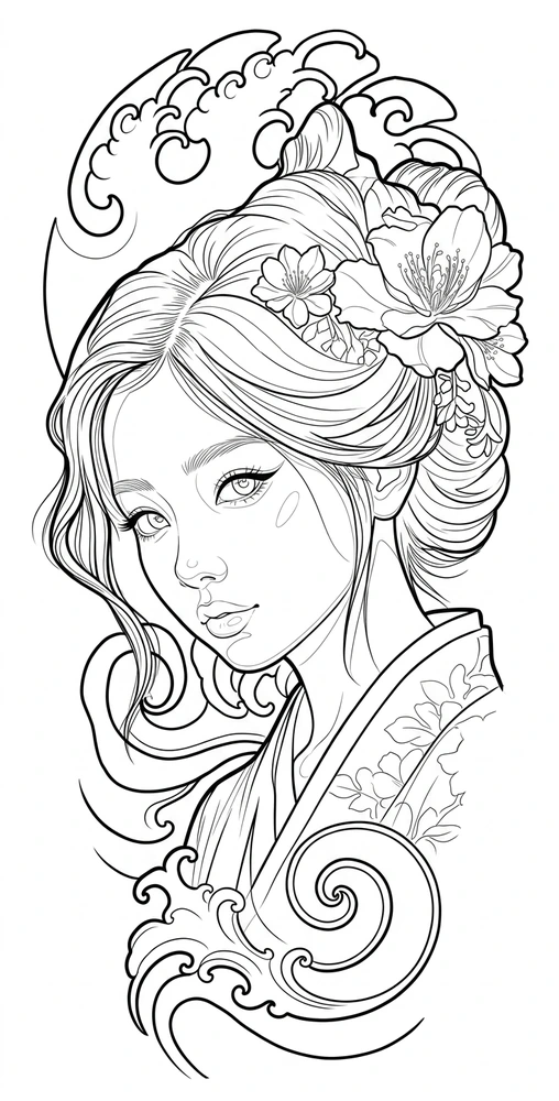 Black linework design: woman with blossoms and waves.
