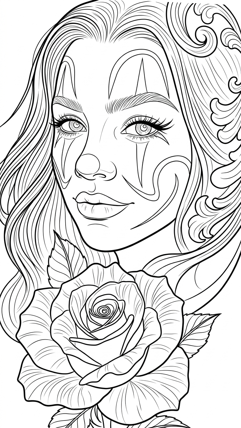 Black linework design: payasa portrait and rose.