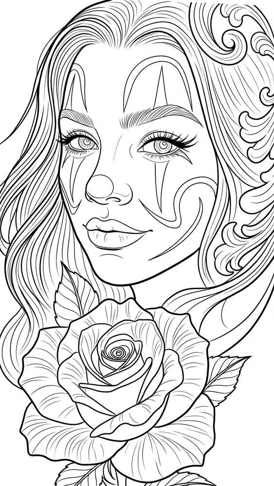 Black linework design: payasa portrait and rose.
