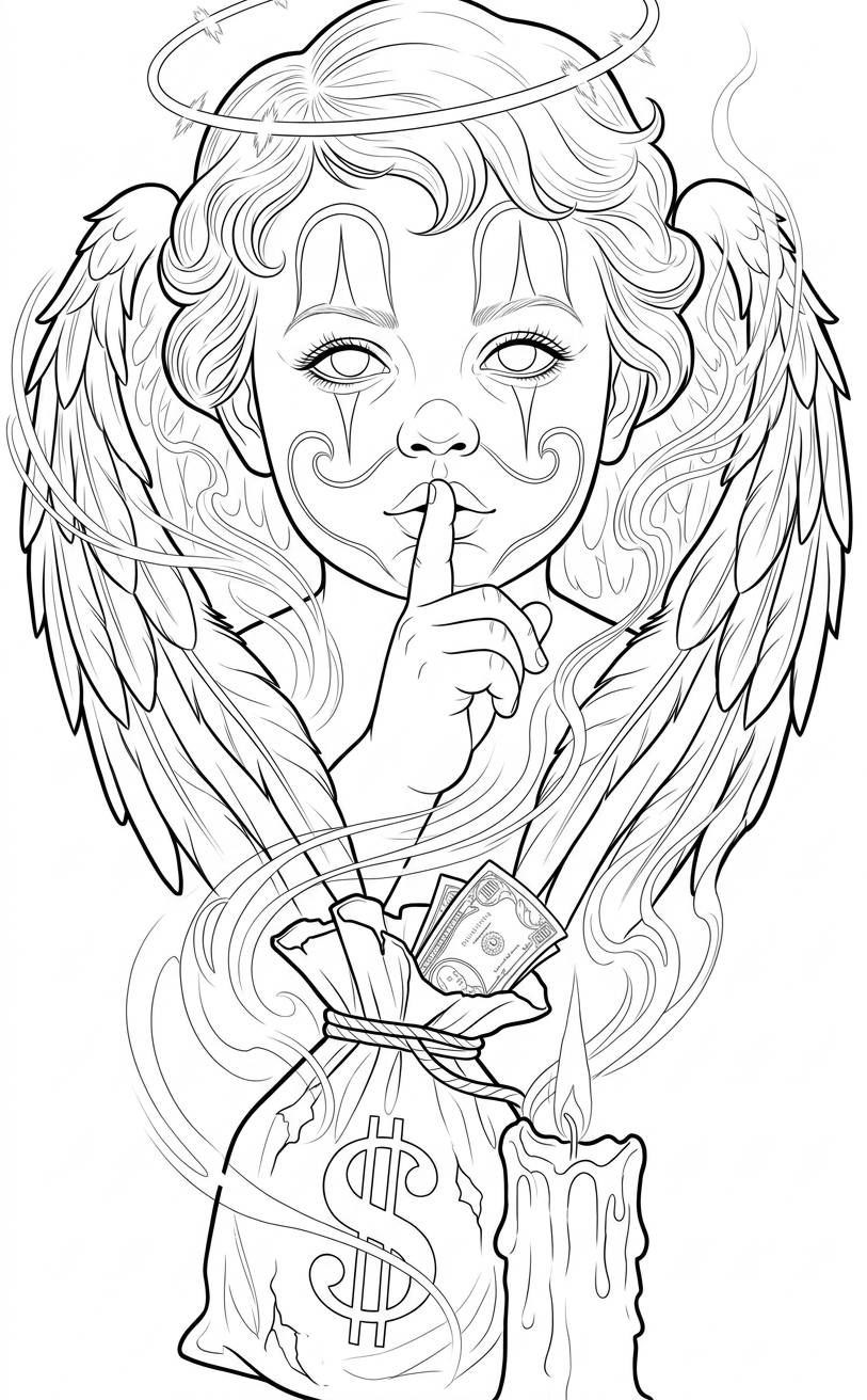Black linework design: cherub with candle and money bag.