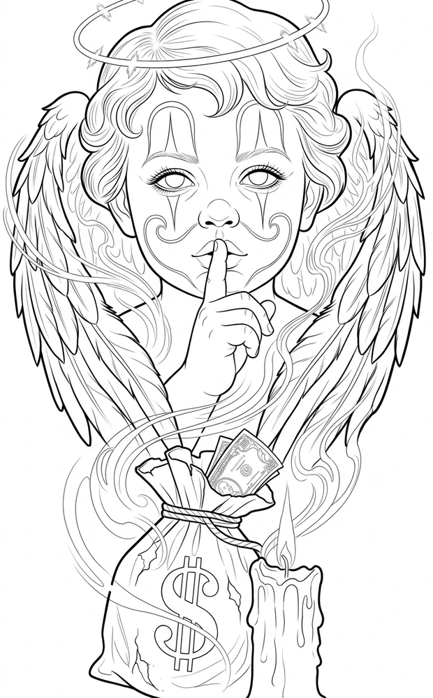 Black linework design: cherub with candle and money bag.