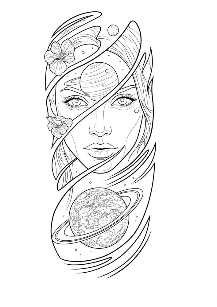 Black linework design: cosmic woman and ringed planet.