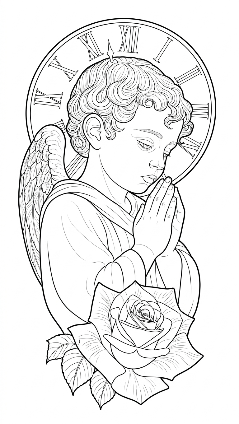 Black linework design: praying cherub with clock and rose.