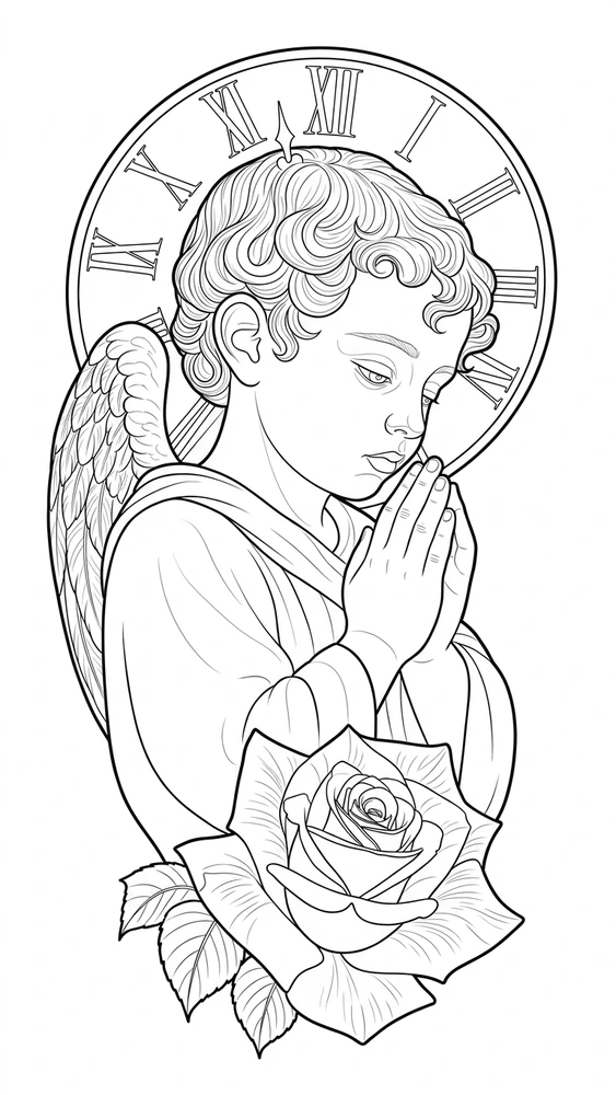 Black linework design: praying cherub with clock and rose.