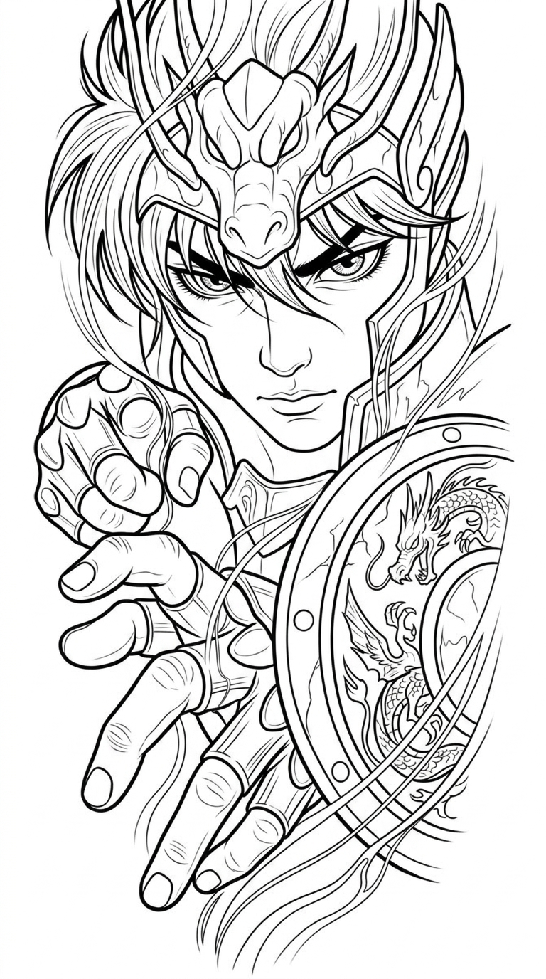 Black linework design: armored anime hero.