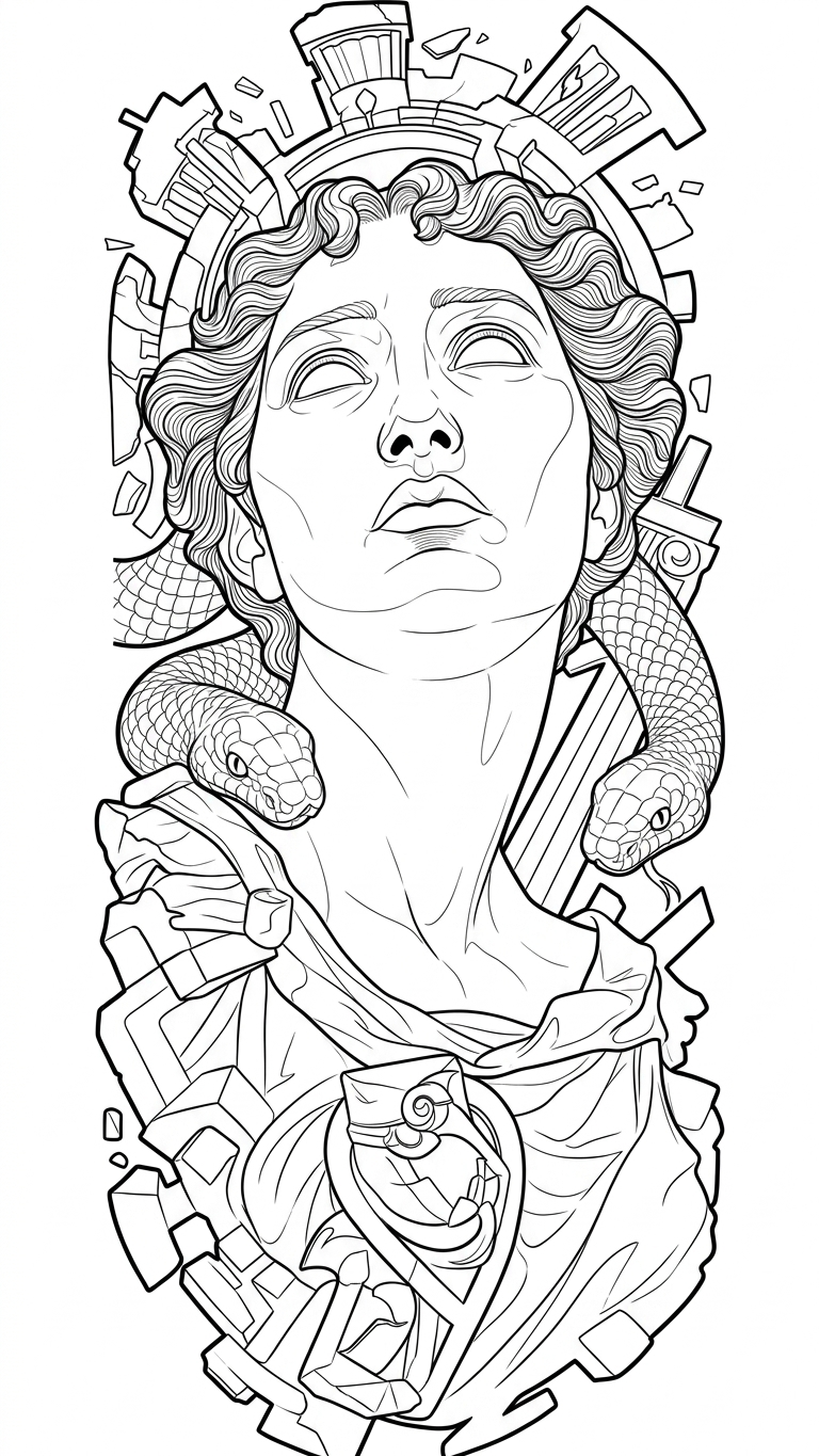 Black linework design: classical bust with snake and stone.