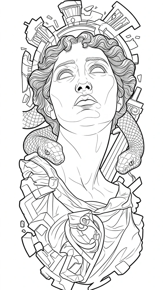 Black linework design: classical bust with snake and stone.