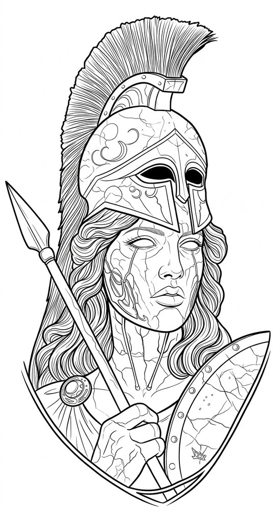 Black linework design: classical warrior with spear and shield.