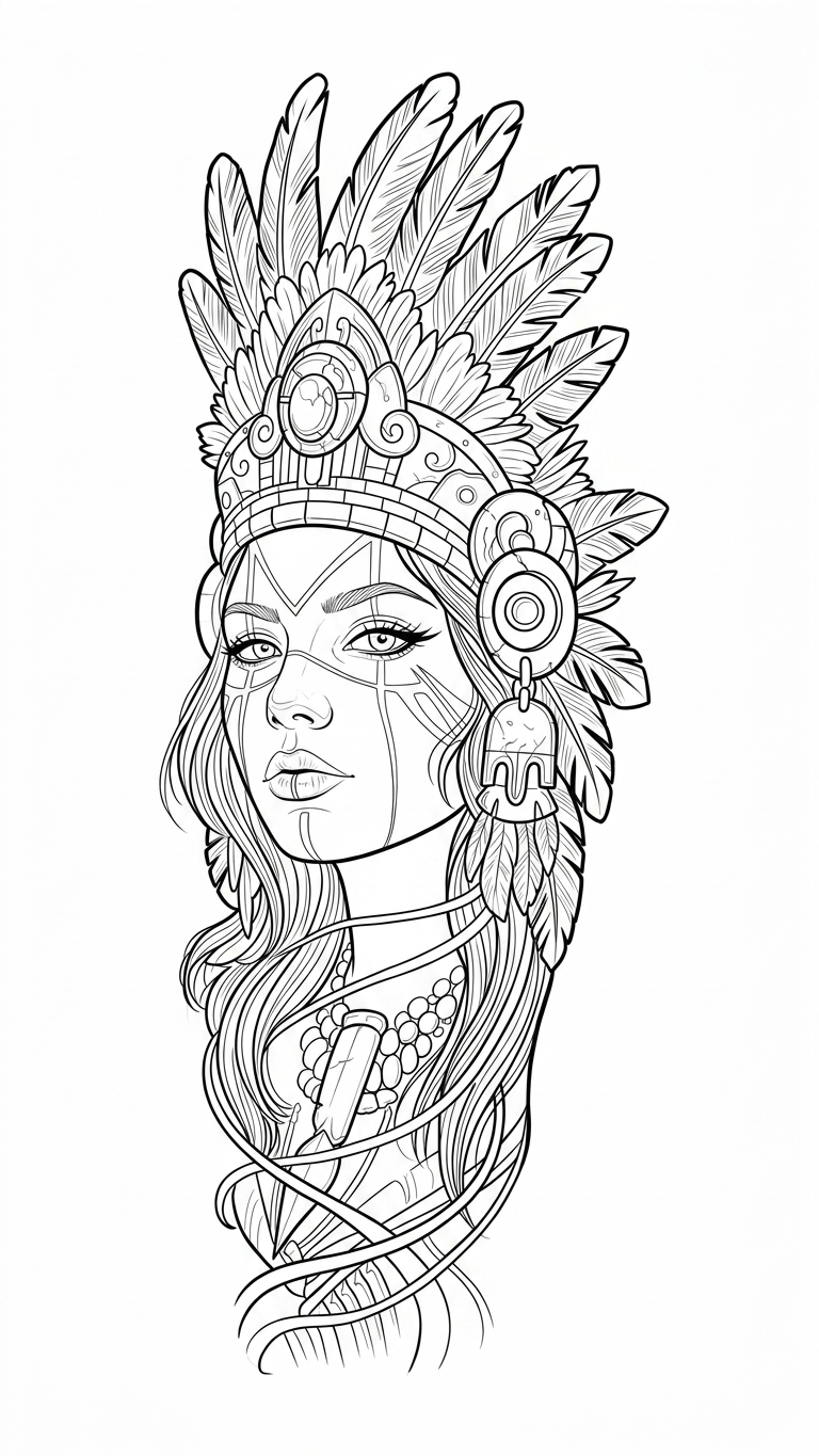Black linework design: woman in a feathered crown.