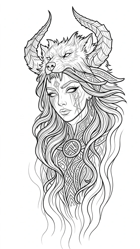 Black linework design: woman with horned animal headdress.