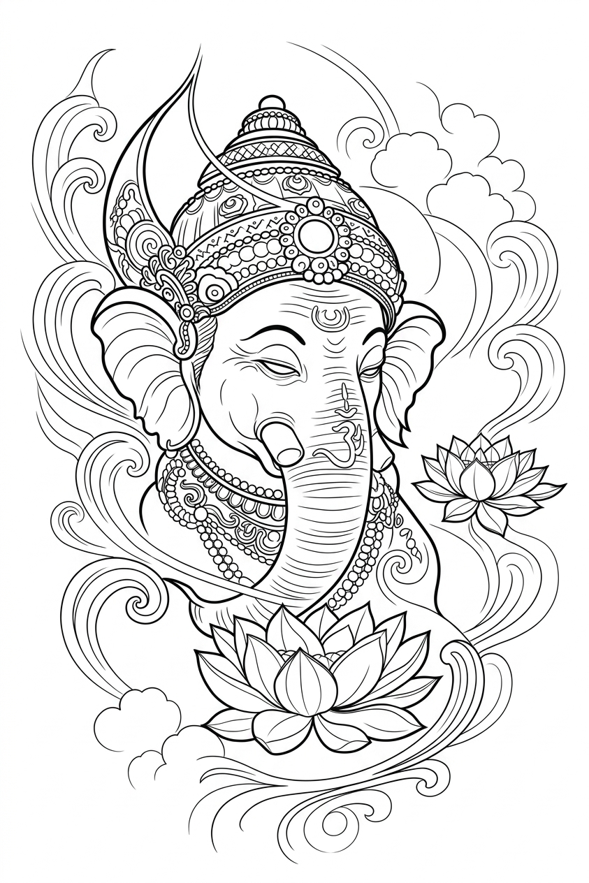 Black linework design: ganesha and lotus.