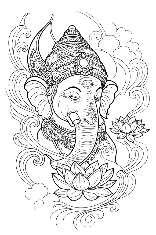 Black linework design: ganesha and lotus.
