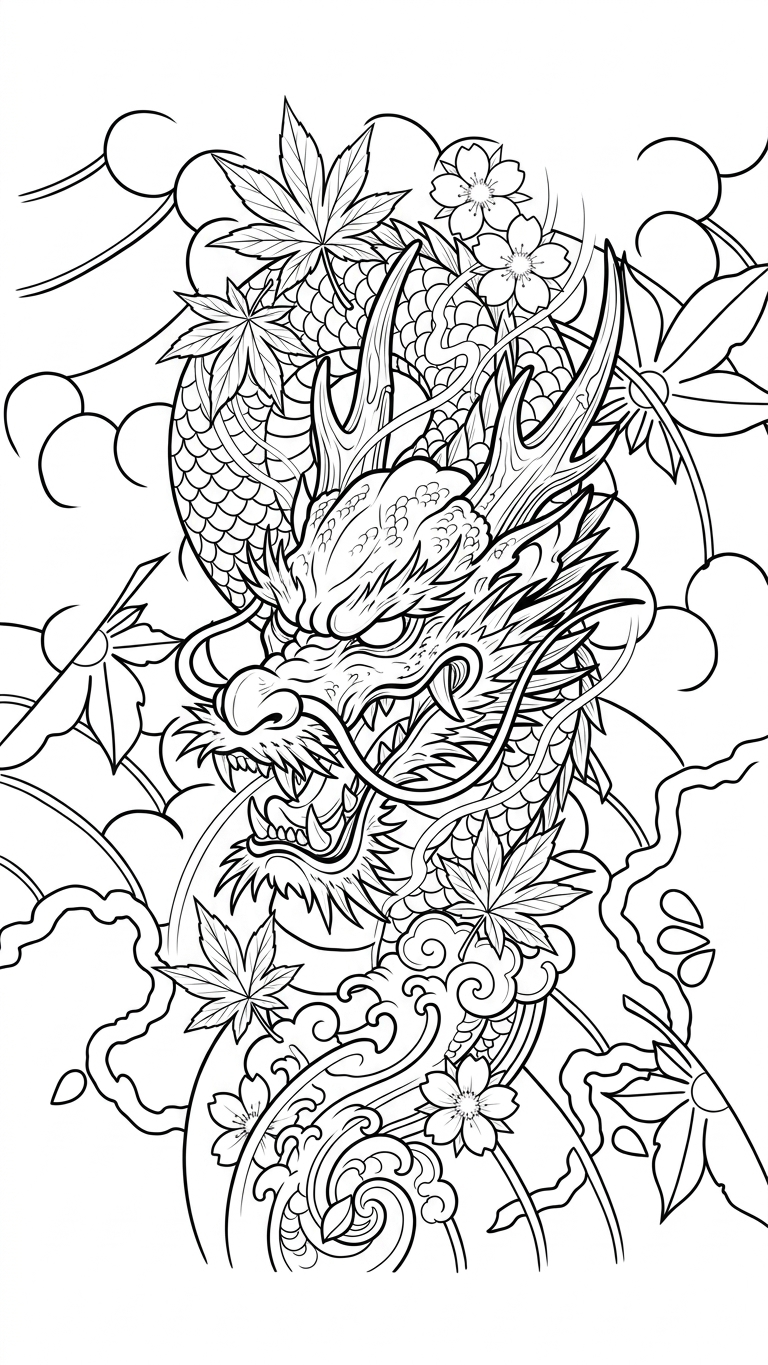 Black linework design: dragon among flowers and clouds.
