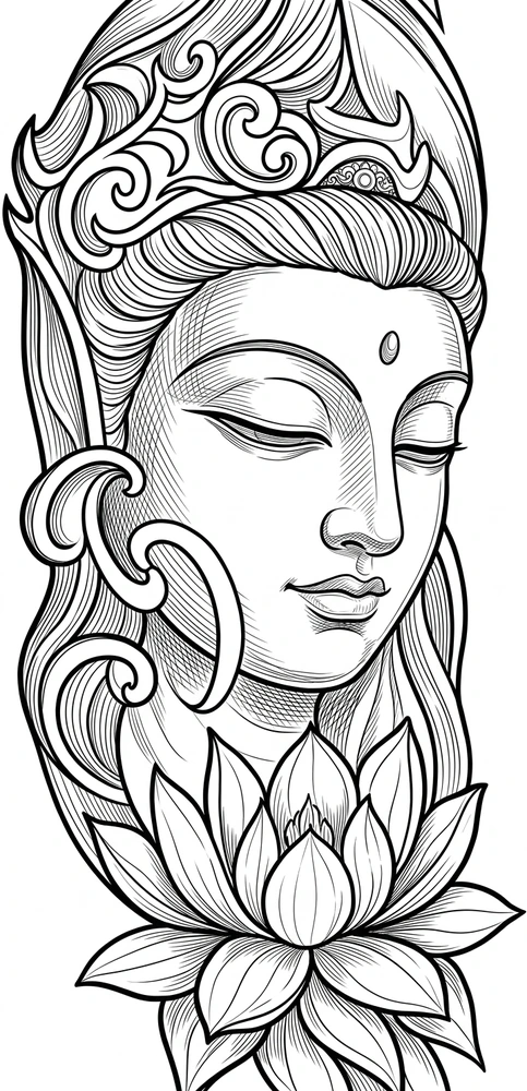 Black linework design: buddha with ornate crown and lotus.