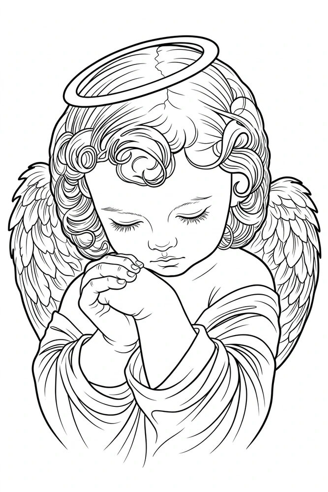 Black linework design: sleeping cherub.