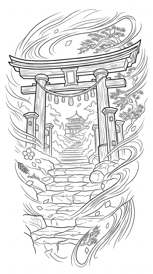 Black linework design: torii gates and stone stairway.