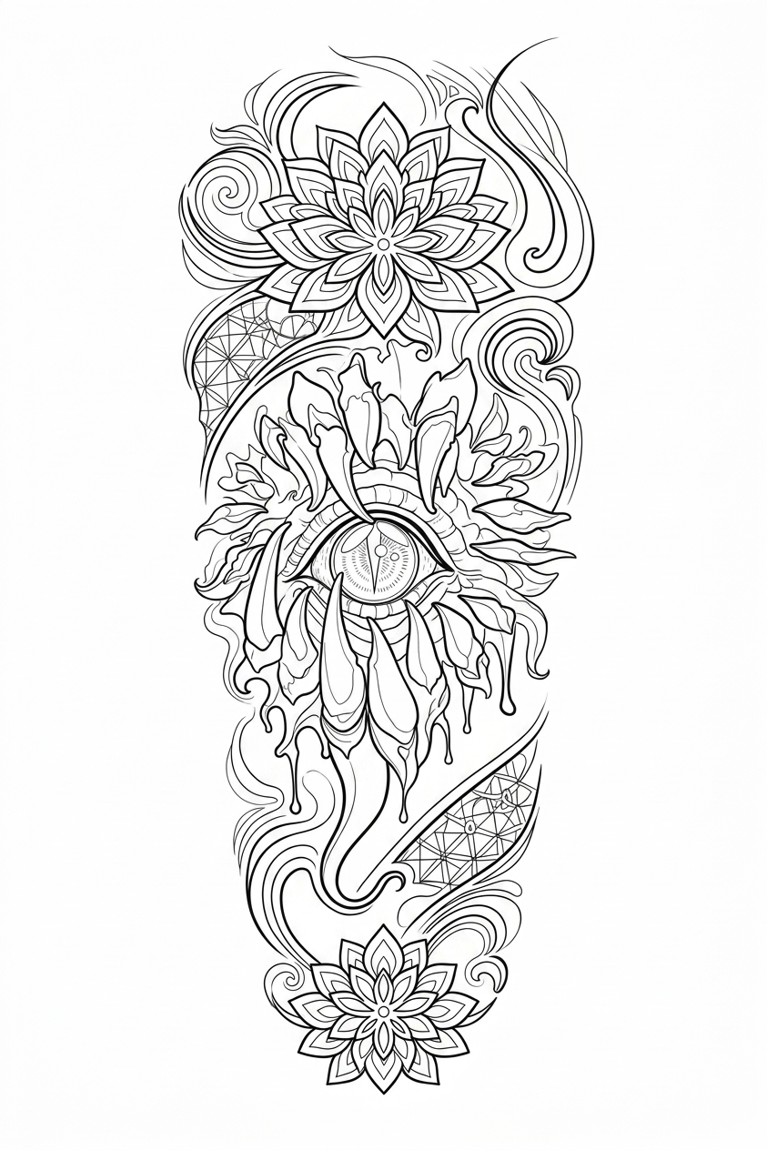 Black linework design: anatomical heart with mandalas.
