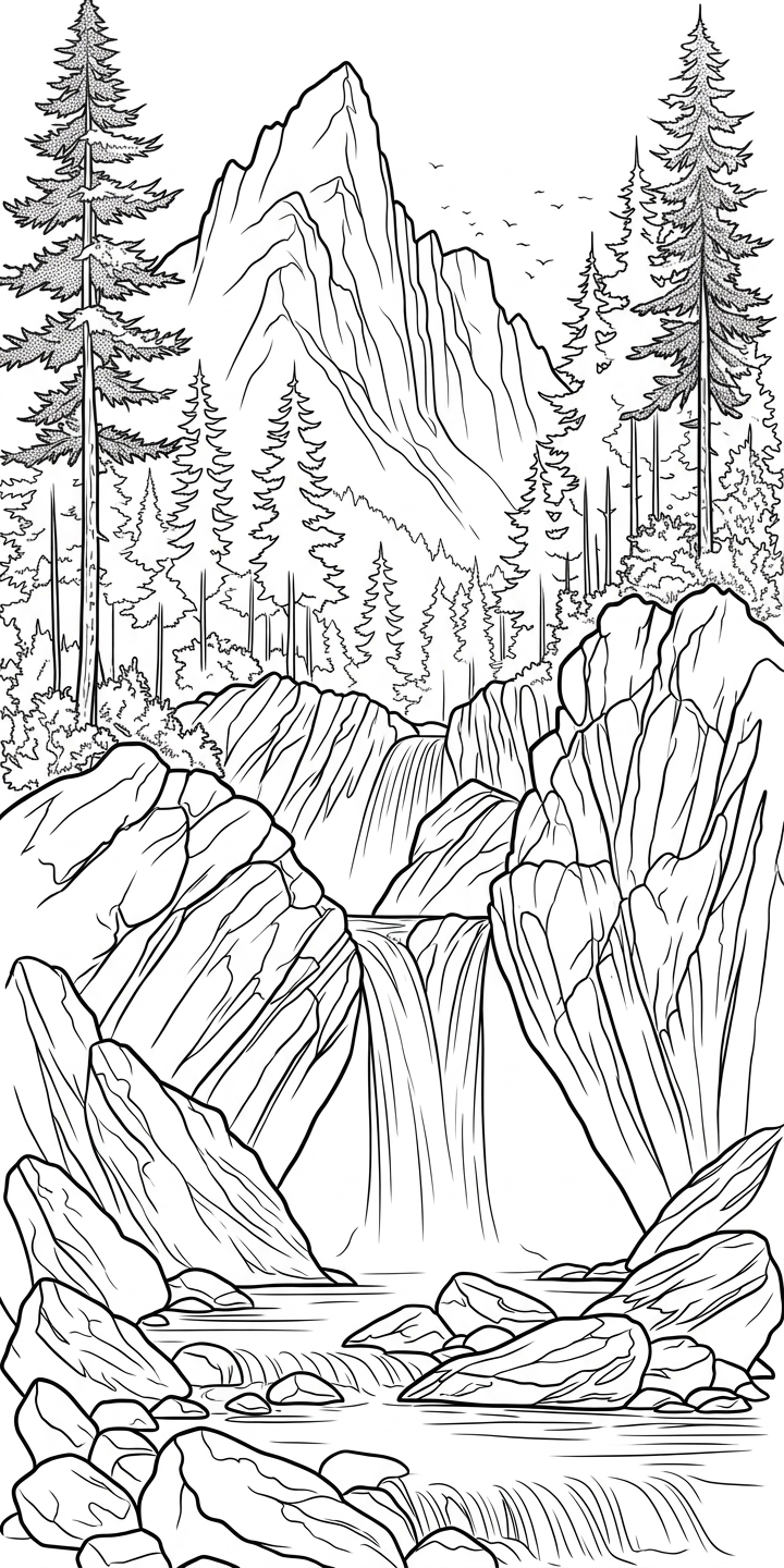 Black linework design: mountain waterfall and pine trees.