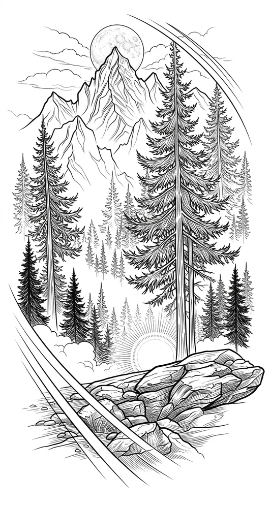 Black linework design: mountain peaks and forest river.