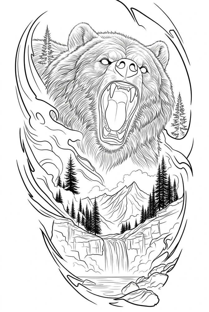Black linework design: roaring bear and mountain forest.