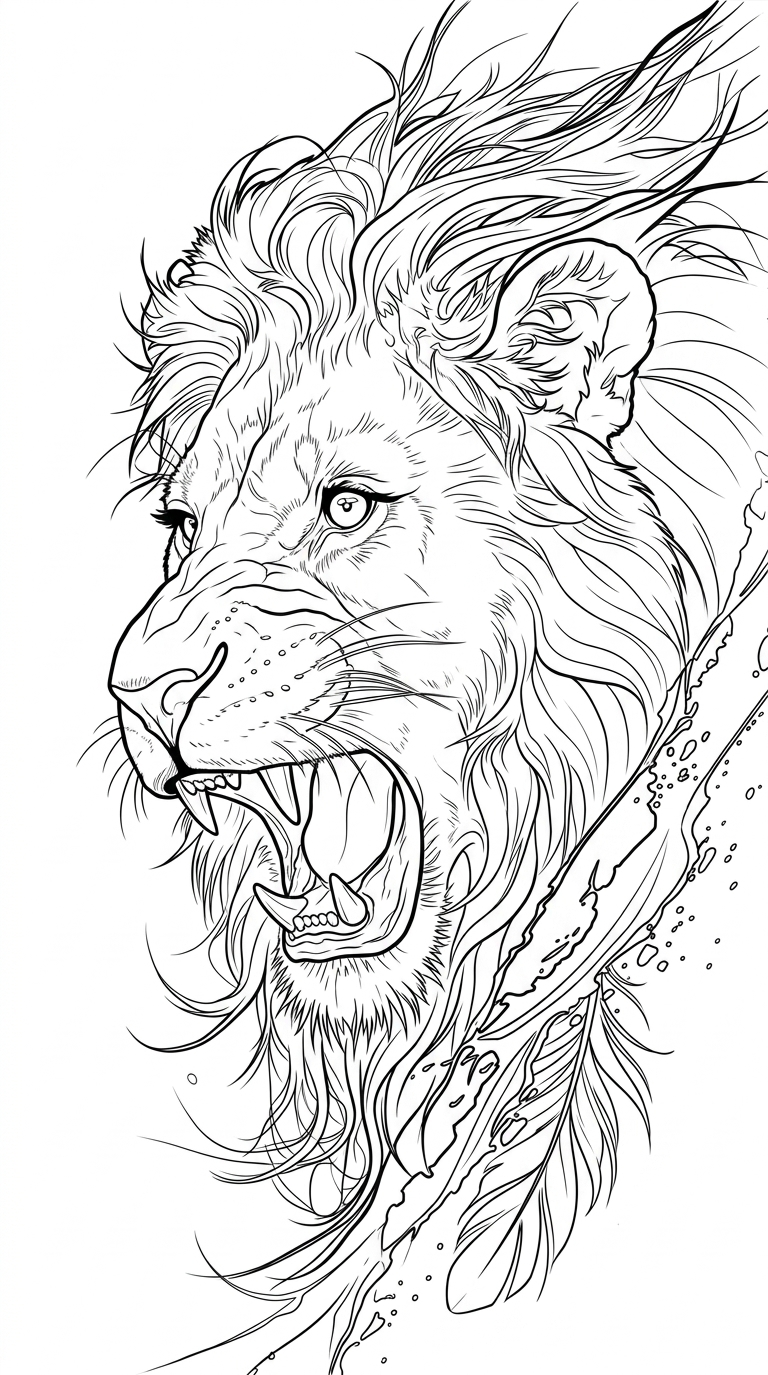 Black linework design: roaring lion with sweeping ornament.
