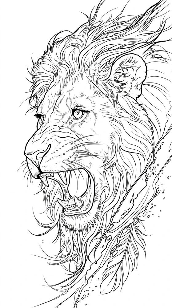 Black linework design: roaring lion with sweeping ornament.
