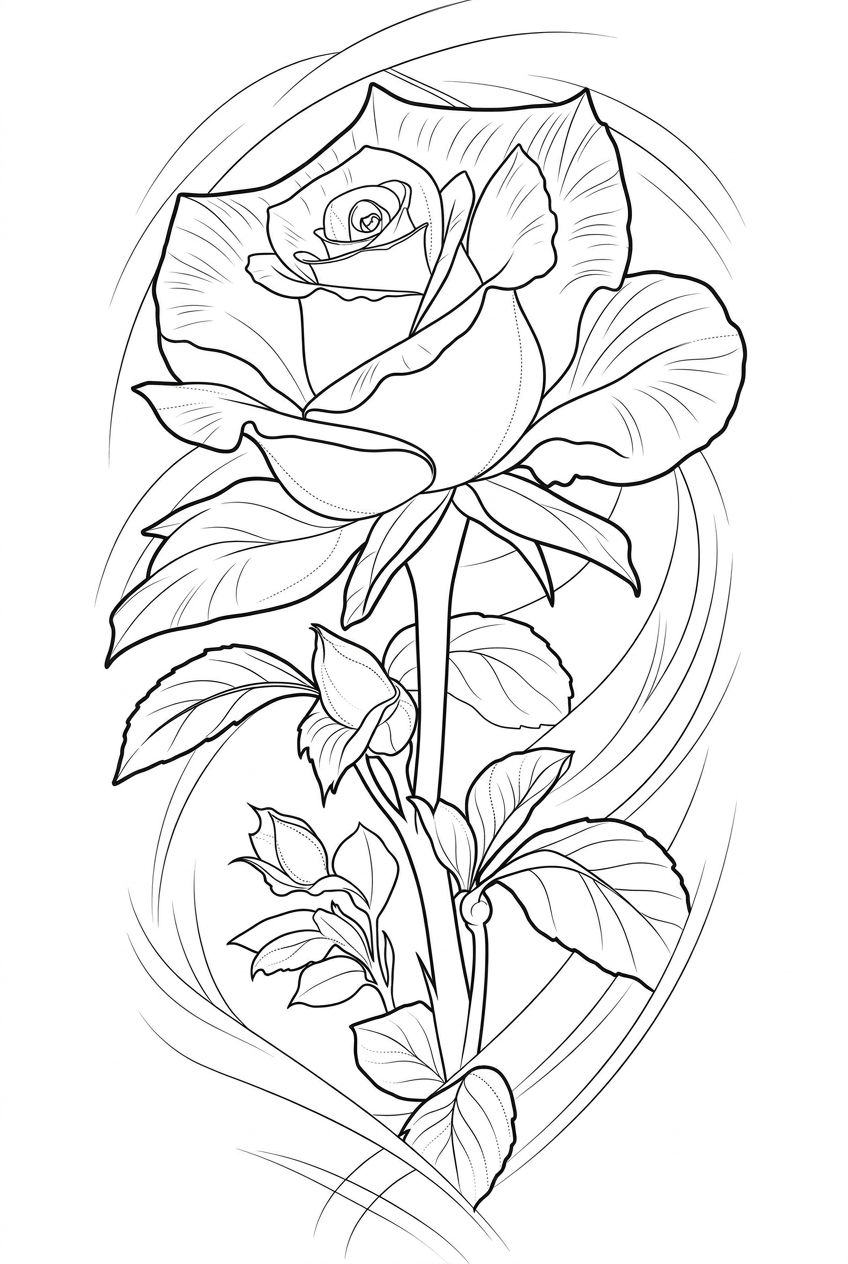 Black linework design: rose with flowing stem.