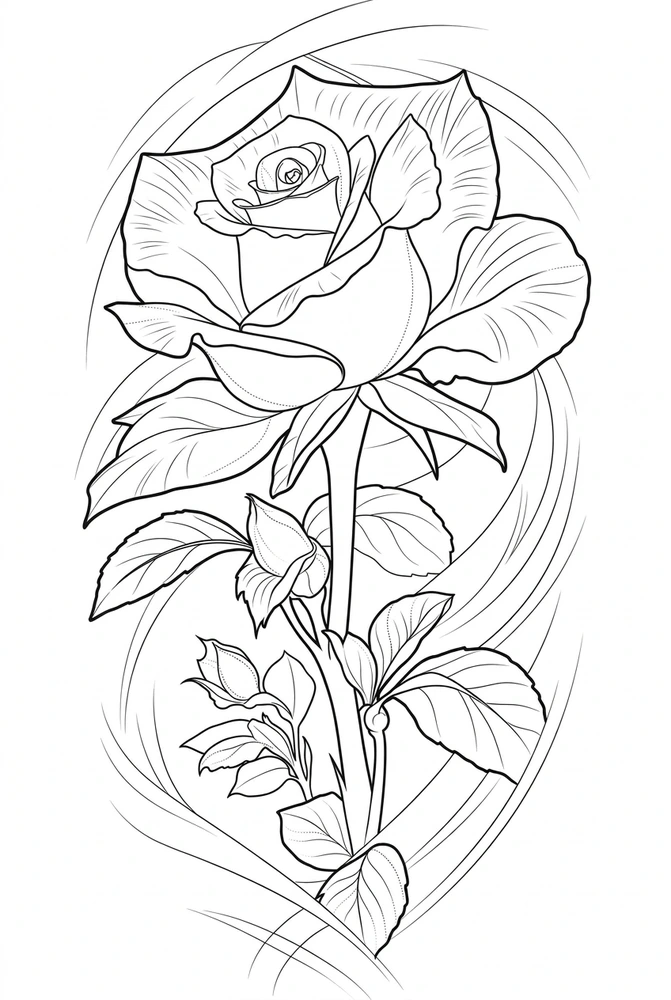 Black linework design: rose with flowing stem.
