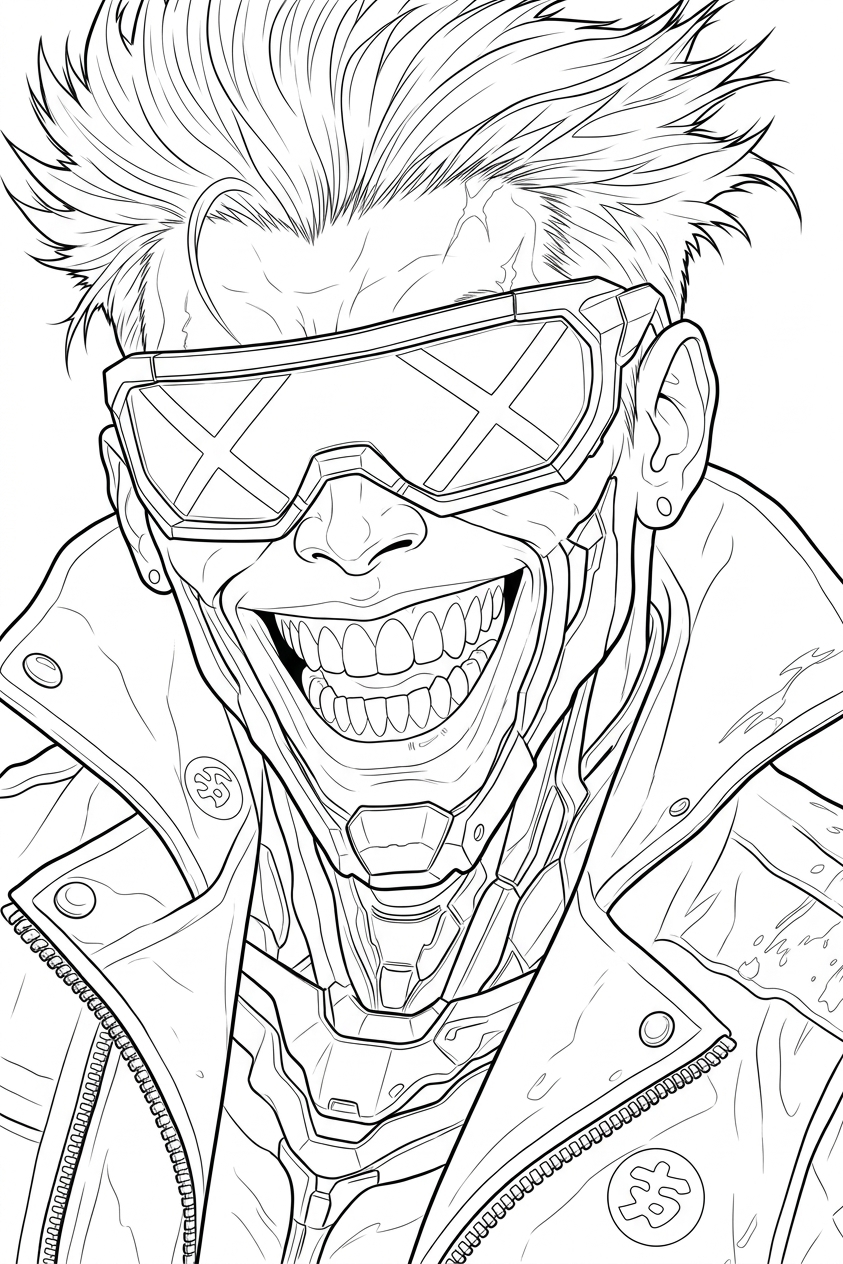 Black linework design: cyberpunk grin and visor.