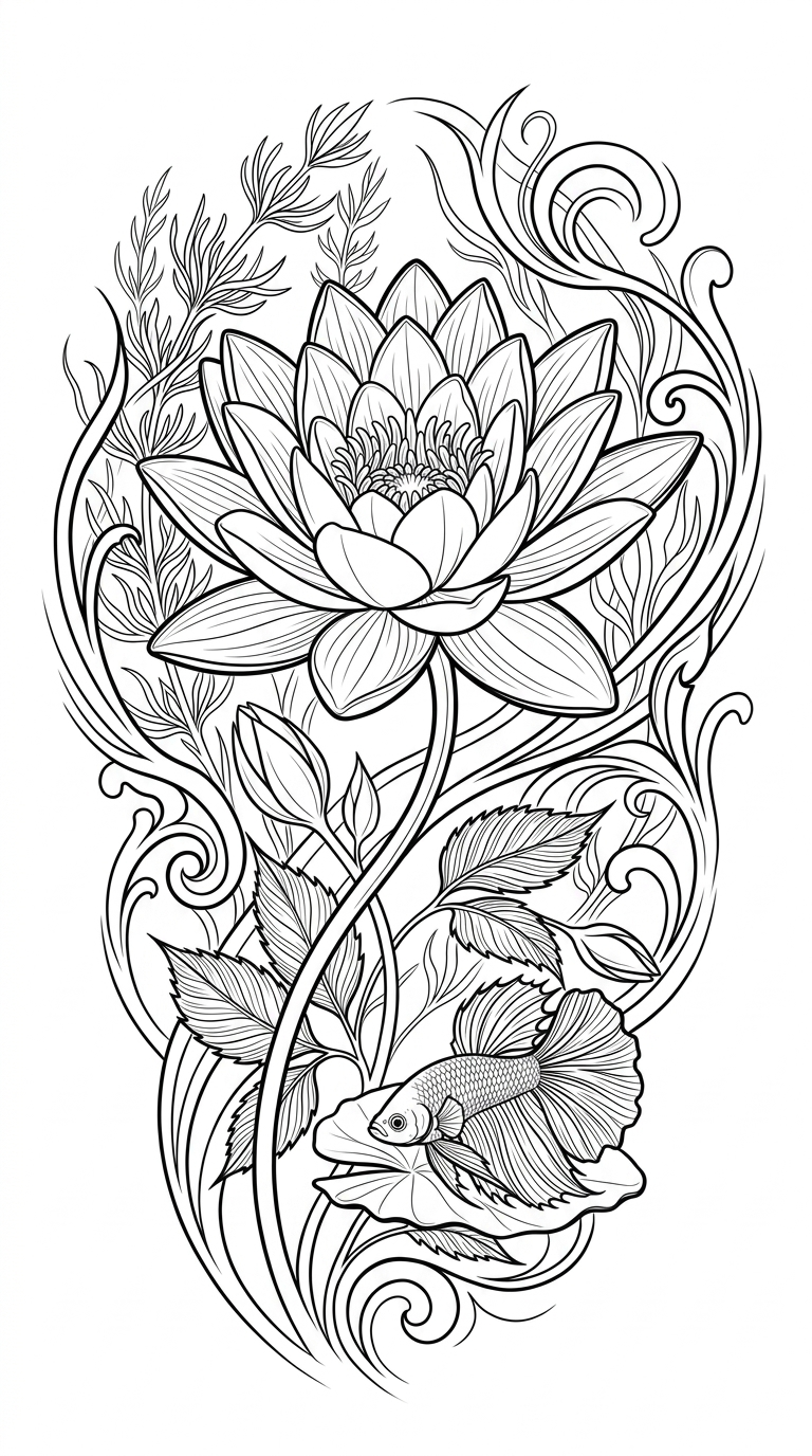 Black linework design: lotus above flowing koi.