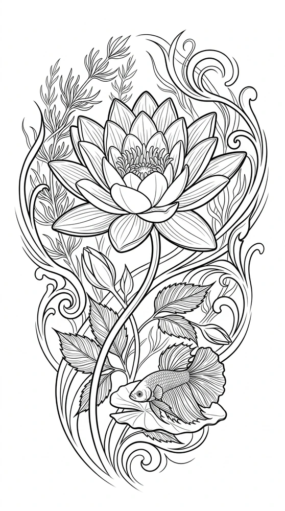 Black linework design: lotus above flowing koi.