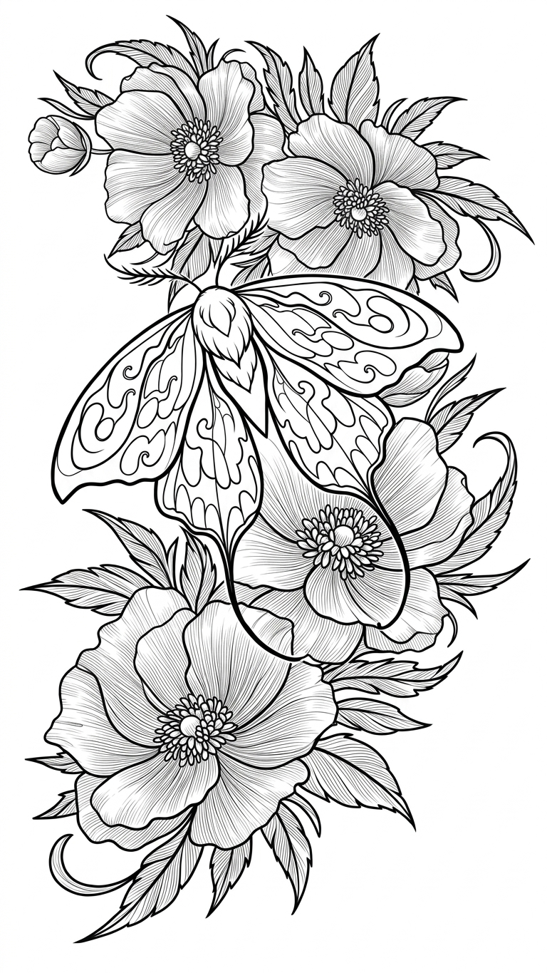 Black linework design: butterfly among wildflowers.
