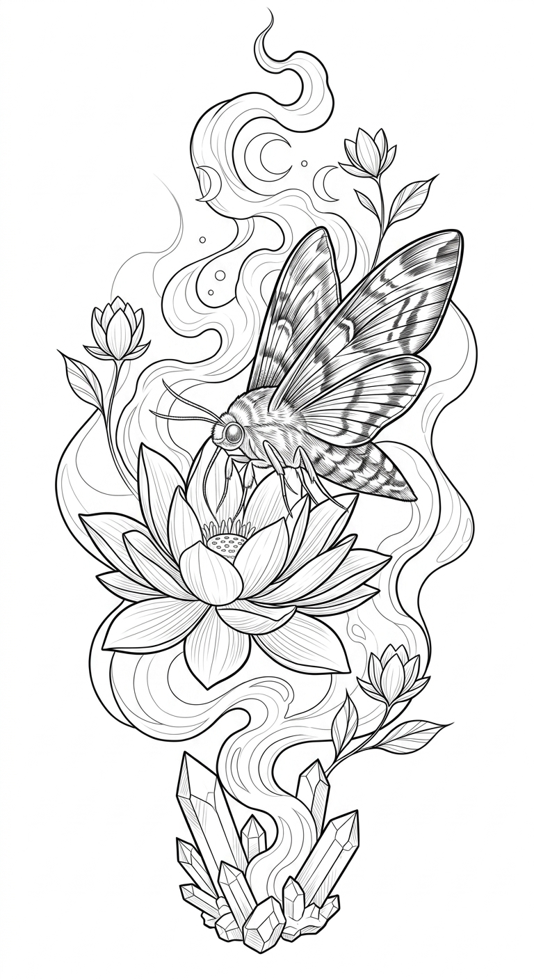 Black linework design: butterfly above lotus.