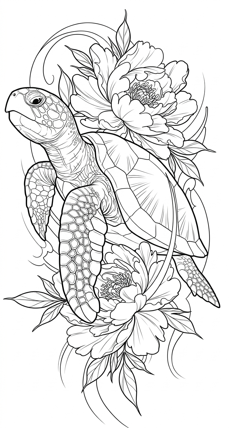 Black linework design: sea turtle and flowers.