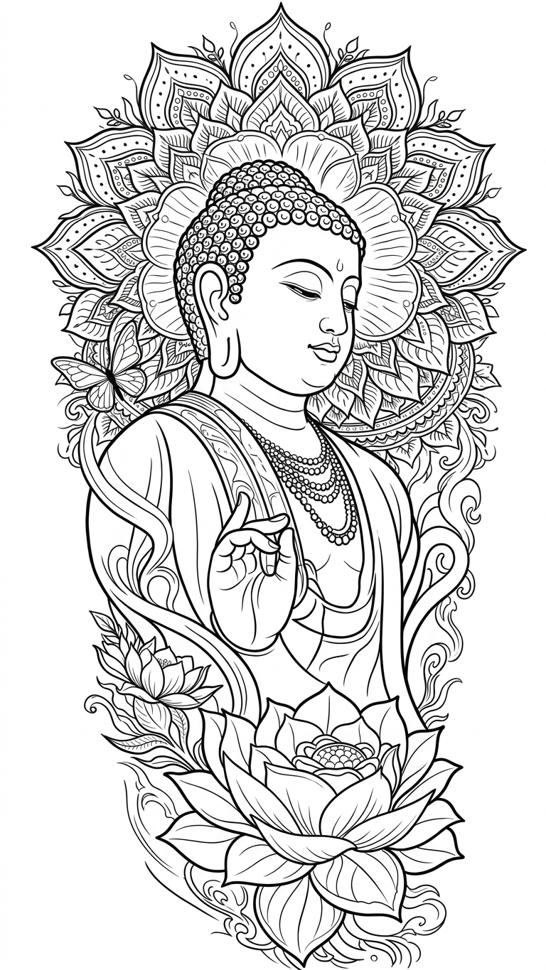 Black linework design: buddha with mandala and lotus.