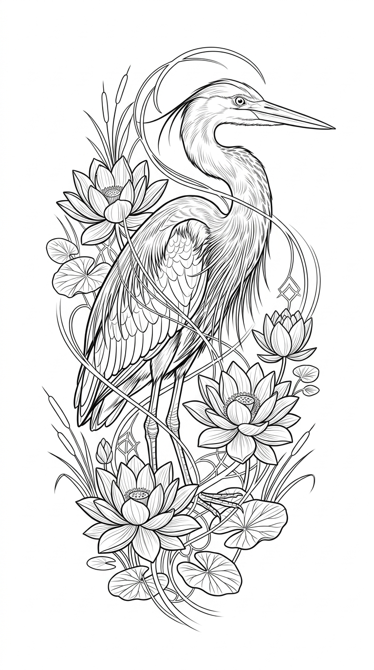 Black linework design: heron among lotus flowers.