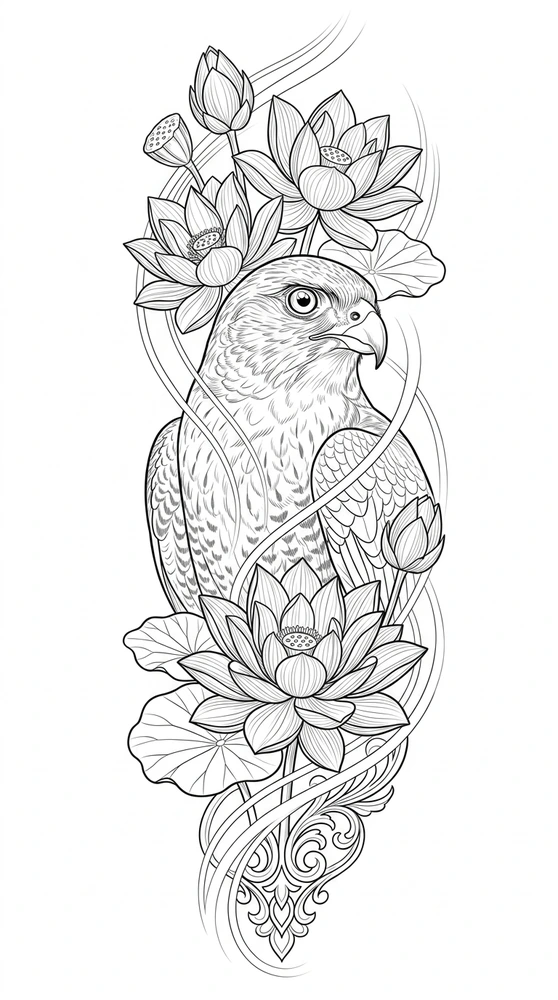 Black linework design: falcon with lotus and ornament.