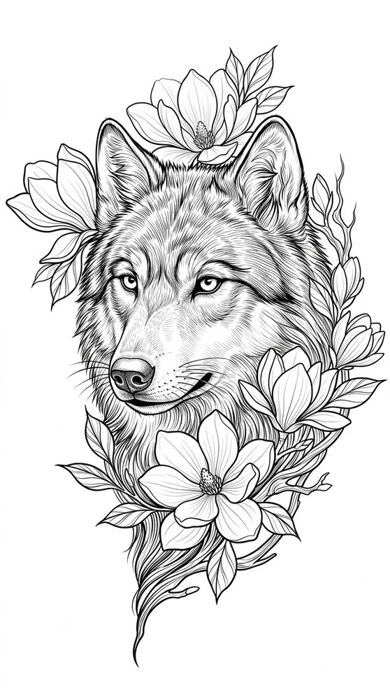 Black linework design: wolf surrounded by magnolias.