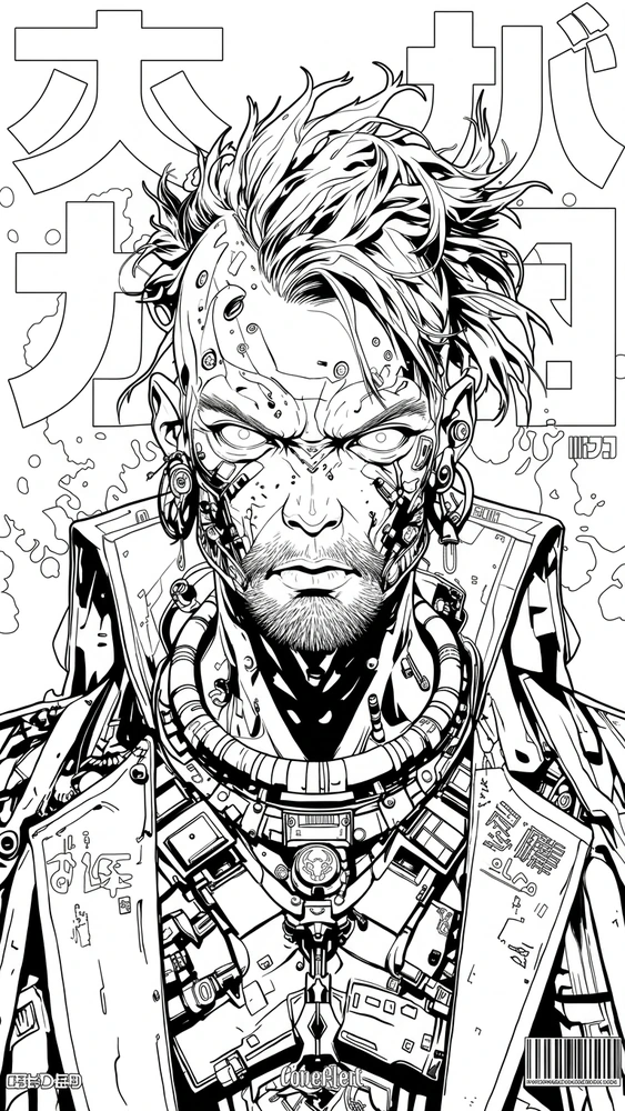 Black linework design: cyberpunk portrait and mechanical armor.