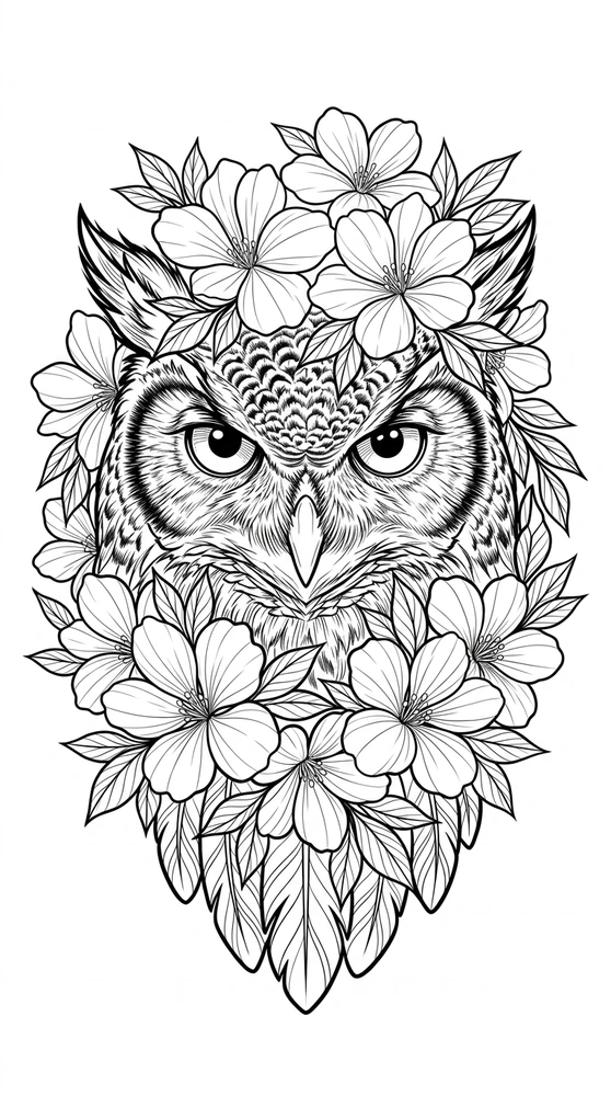 Black linework design: owl with floral crown.