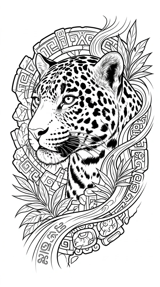 Black linework design: jaguar with stone ornament.