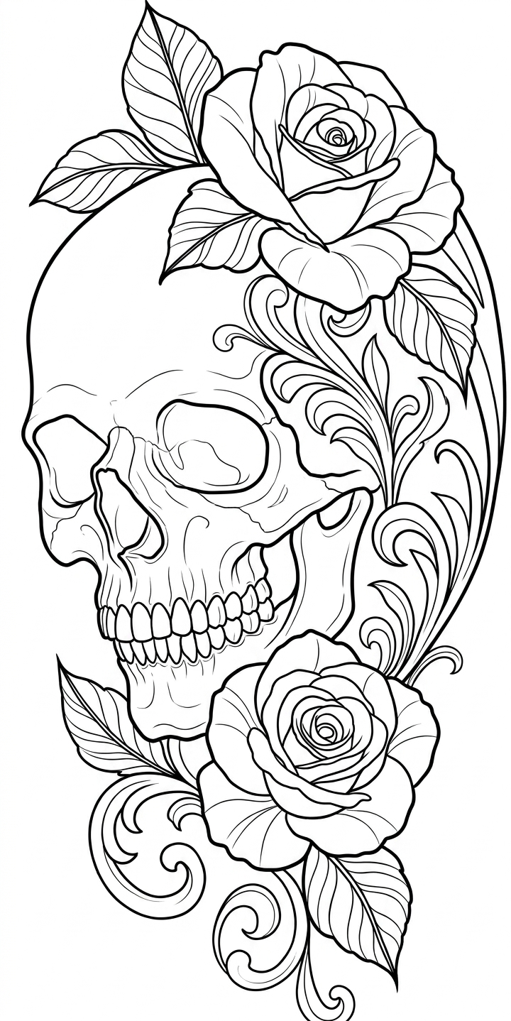 Black linework design: skull with roses and scrollwork.