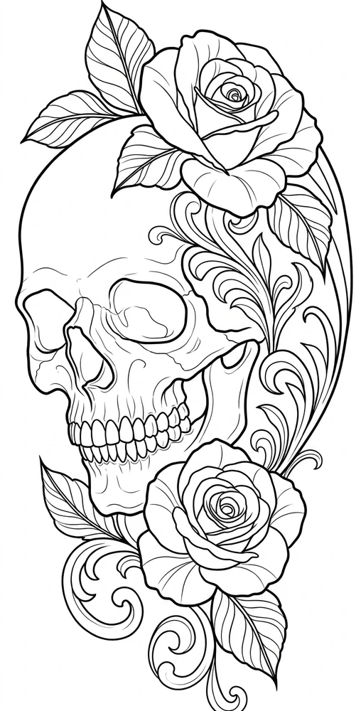 Black linework design: skull with roses and scrollwork.