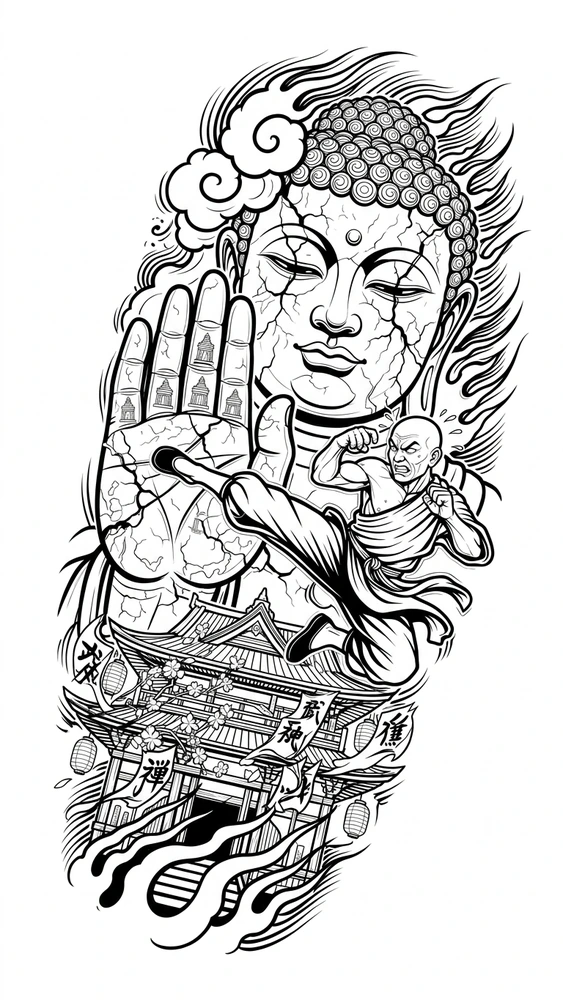 Black linework design: buddha with martial artist and temple.