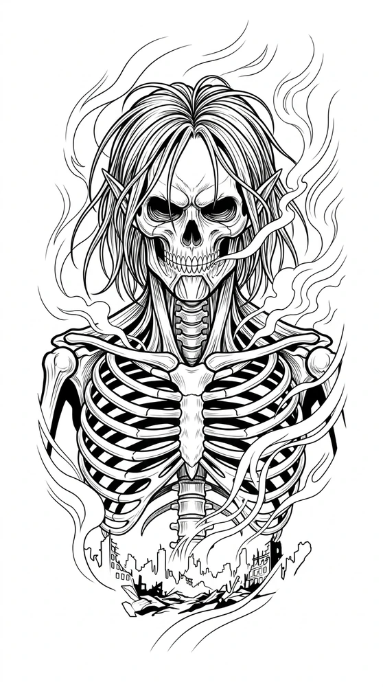 Black linework design: long-haired skeleton with rising smoke.